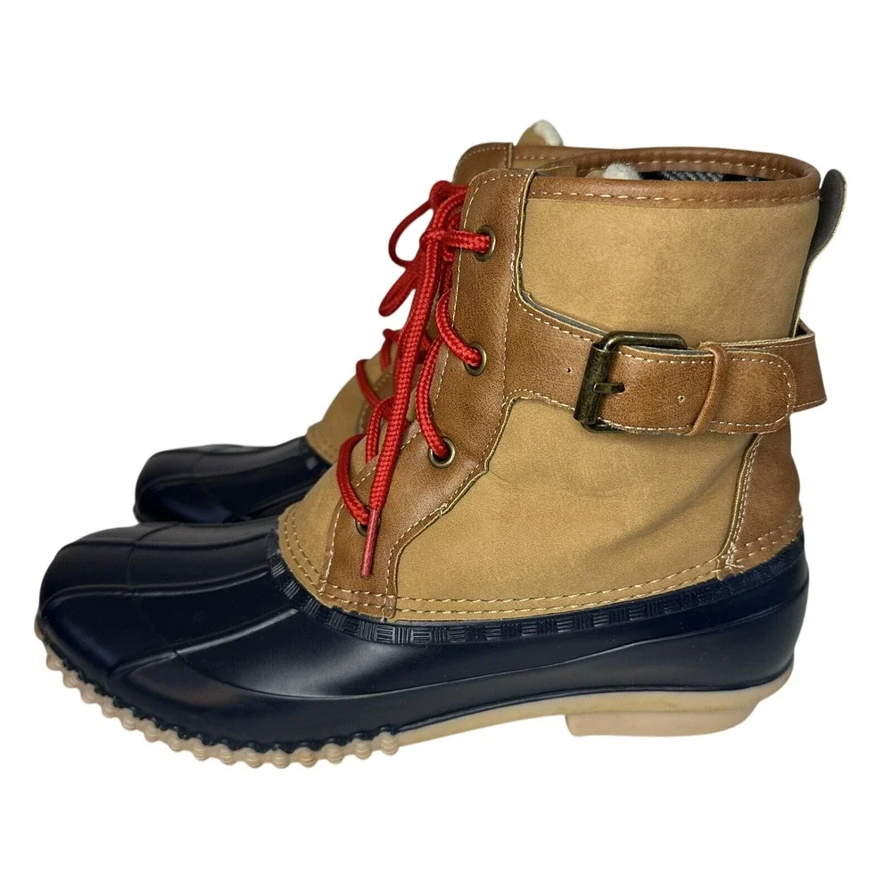 Dept 222 Grayson-0850 Women Ankle Duck Boots Navy Tan Red Lace Up Size 10M